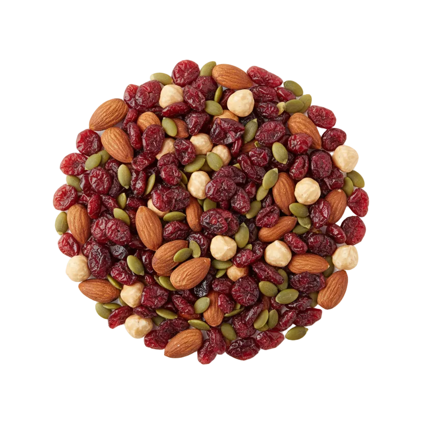 mix di frutta secca su sfondo bianco centrato nell'immagine. ingredienti: Mirtilli rossi 35% (zucchero, olio di girasole), mandorle sgusciate 25%, nocciole pelate e tostate 20%, semi di zucca sgusciate 20%